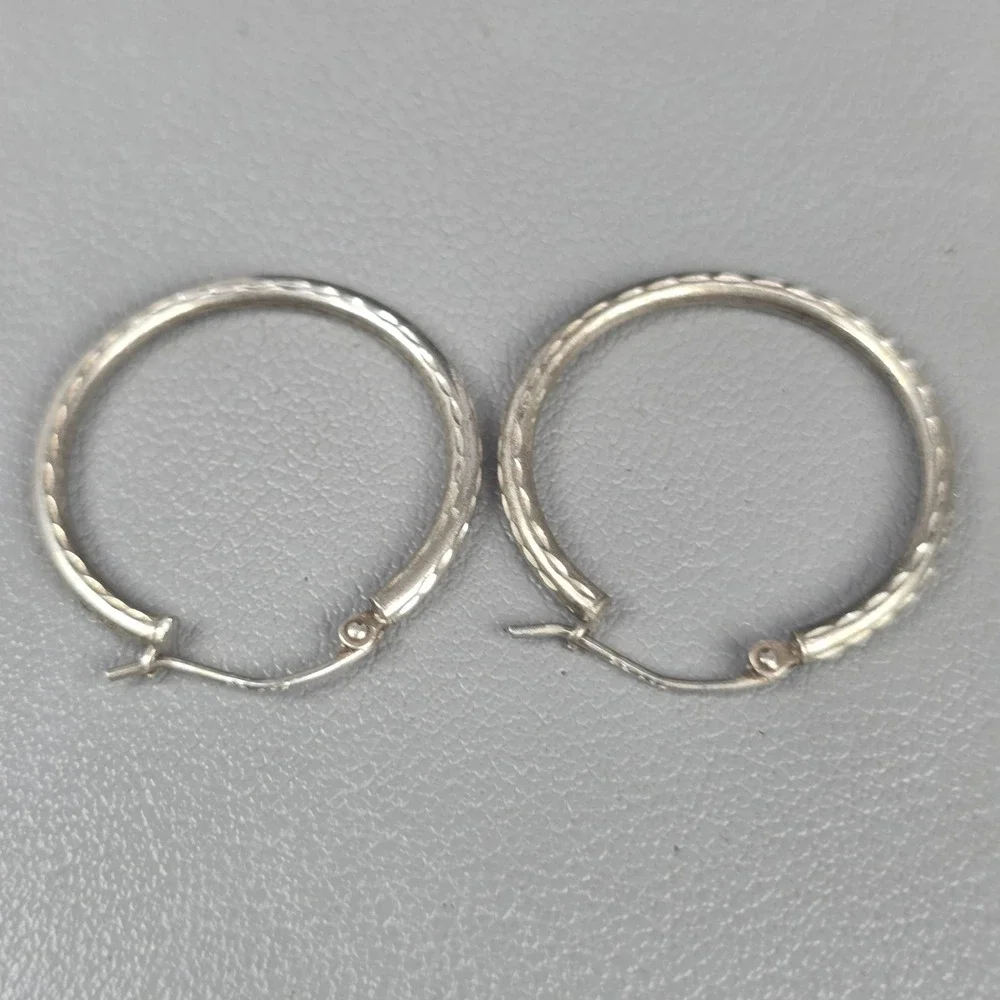 Sterling Silver Diamond Cut Textured Hoop Earrings Latch Back 925